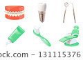 Dentistry concept set: dentist's instruments, mirror and probe, dental implant, dentist's chair, jaw with braces, toothbrush, toothpaste. 131115376