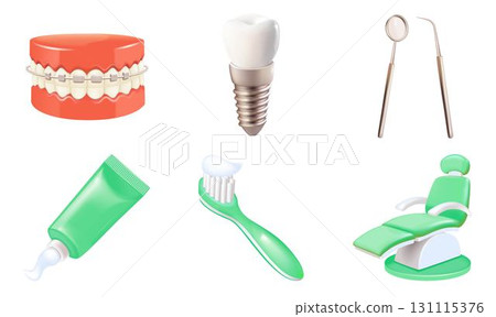 Dentistry concept set: dentist's instruments, mirror and probe, dental implant, dentist's chair, jaw with braces, toothbrush, toothpaste. 131115376