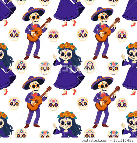 Seamless Dia de los Muertos pattern with skeleton couple and sugar skulls Seamless Dia de los Muertos pattern with skeleton couple and sugar skulls 131115492