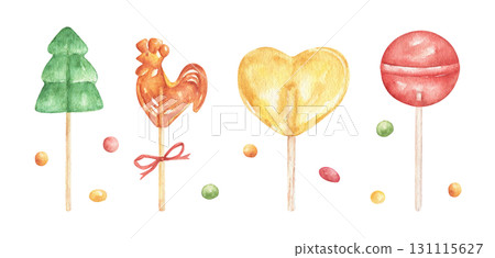 Set of watercolor lollipops on a stick. Christmas tree, heart-shaped lollipops, candy cockerel, round sugar lollipops on a stick. Collection of lollipops, clipart. Illustrations for children printing. 131115627