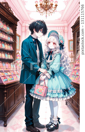 A couple visiting a candy shop. An albino girl and a blue-eyed young man on holiday. AI illustration in Japanese manga style. A couple visiting a candy shop. An albino girl and a blue-eyed young man on holiday. AI illustration in Japanese manga style. 131115766