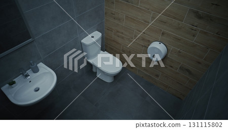 Businessman Taking Off His Pants, Sitting on the Toilet, Suffering from Diarrhea and Indigestion 131115802