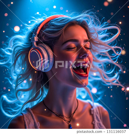 Girl in headphones is in a state of musical euphoria. Serene girl immersed in music with futuristic headphones and glowing bokeh. 131116037