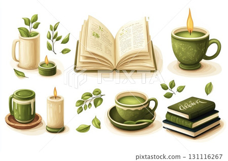 Herbal tea and book illustration with candles and leaves 131116267