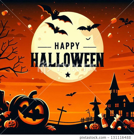 萬聖節之夜的奇幻插畫，描繪了滿月和鬼屋 131116488
