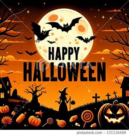 萬聖節之夜的奇幻插畫，描繪了滿月和鬼屋 131116489