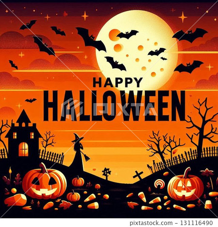萬聖節之夜的奇幻插畫，描繪了滿月和鬼屋 131116490