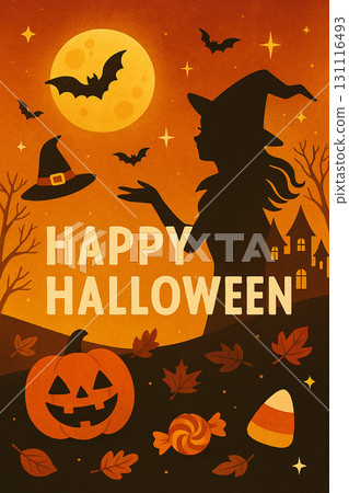 A fantasy illustration of a Halloween night, featuring a full moon and a haunted house 131116493