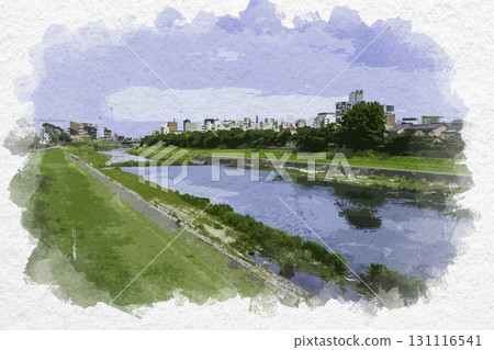 金澤市水彩畫，西河，從櫻橋眺望，石川縣金澤市 131116541