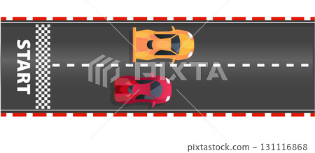 Race road Start and finish top view asphalt track with racing cars, sport speedway racetrack, competition roadway. border red and white. 131116868