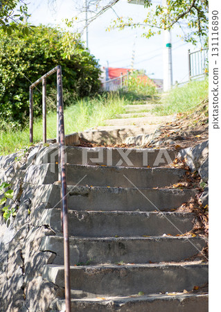 Riverside stairs. Green scenery. Riverside stairs. Green scenery. 131116890