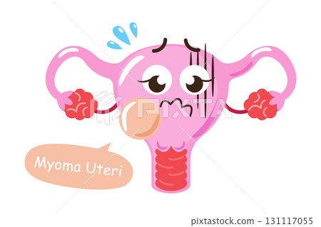 Myoma uteri . Uterus with tumor cartoon character illustration . Isolated white background . Vector . 131117055