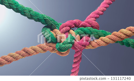 Colorful Ropes Intertwined in a Complex Knot of Green, Pink, and Orange Strings 131117240