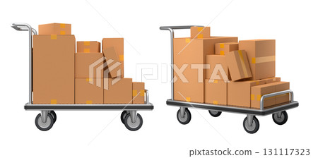 Set of Airport luggage cart or baggage trolley side with cardboard boxes or cartons Set of Airport luggage cart or baggage trolley side with cardboard boxes or cartons 131117323
