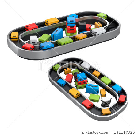 Set of Airport luggage conveyor belt or baggage claim area with suitcases on white. 131117329