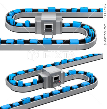 Set of Airport luggage conveyor belt or baggage claim area with suitcases on white. 131117337