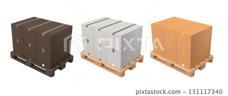 Set of wooden pallet for warehouse cargo storage with cardboard boxes on white 131117340