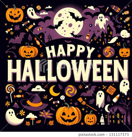 滿月和鬼魂漂浮的熱鬧萬聖節之夜的插圖素材 滿月和鬼魂漂浮的熱鬧萬聖節之夜的插圖素材 131117373