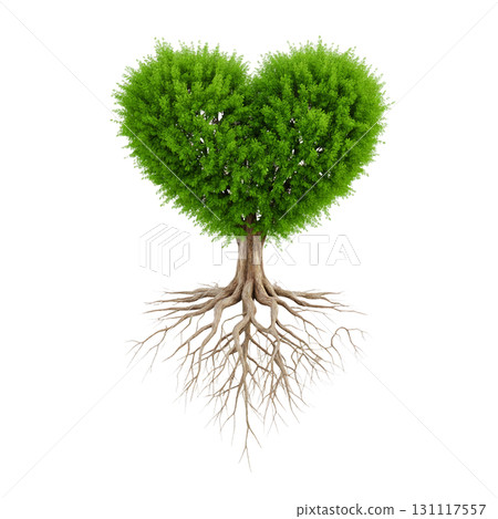 Heart-shaped green tree and roots 131117557