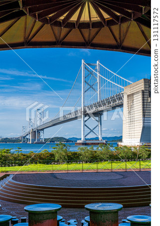 The Seto Ohashi Bridge and live stage against the blue sky 131117572