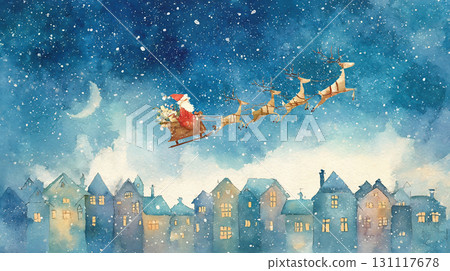 Watercolor illustration of Santa Claus and reindeer running through the starry sky 131117678