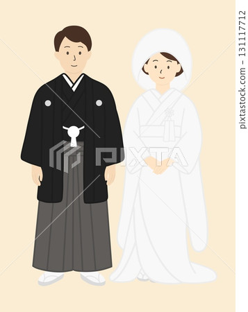Wedding, illustration of a bride and groom in traditional Japanese clothing 131117712