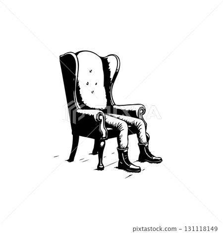 Surreal depiction: An Empty armchair with human legs in boots, a symbol of absence 131118149