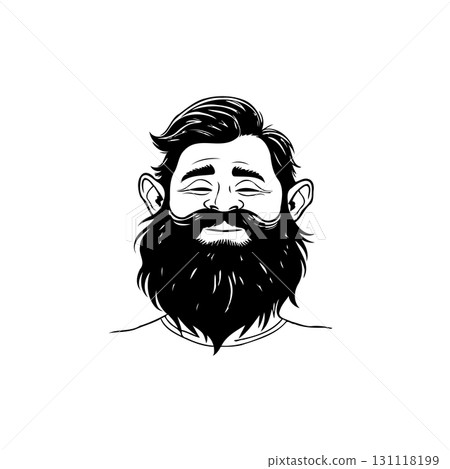 Illustration of a Bearded Man with a Relaxed Expression in Black and White 131118199