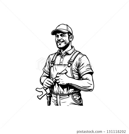 Confident handyman smiles while holding a wrench, isolated on white background 131118202