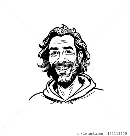 Detailed black and white sketch portrait of a happy man with beard smiling 131118529
