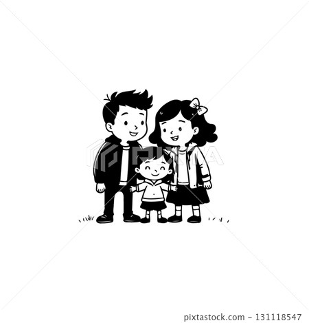 Illustration of a happy family, father, mother, and child in cartoon style Illustration of a happy family, father, mother, and child in cartoon style 131118547