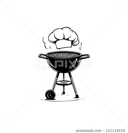 Illustration of a Grill with Chef Hat Symbolizing Barbecue Expertise and Culinary Delights 131118559