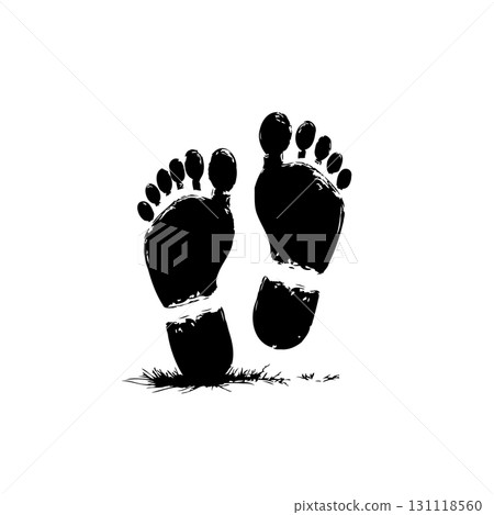Monochrome illustration of two footprints in black ink, on a white background 131118560