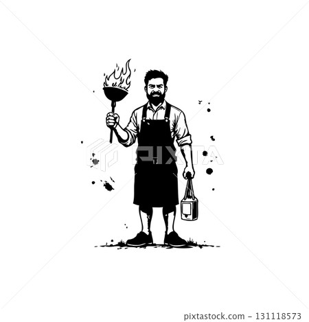 Bearded cook posing with a burning plunger and bottle, monochrome vintage style Bearded cook posing with a burning plunger and bottle, monochrome vintage style 131118573