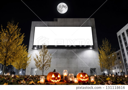 halloween advertisement with a blank white billboard and jack o lanterns on a city street at night 131118616
