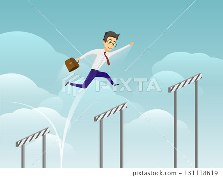 Businessman jumps over obstacle barriers. 131118619