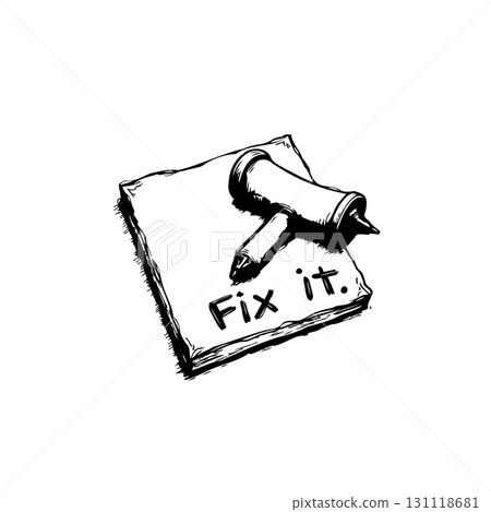Hand Drawn Illustration of a Glue Gun and Text "Fix It" on a Paper Note 131118681
