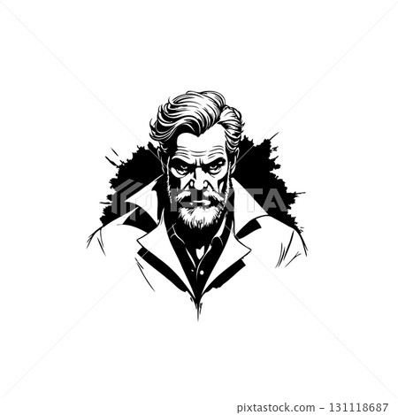 Intense man with beard illustration in striking monochrome art style character design 131118687
