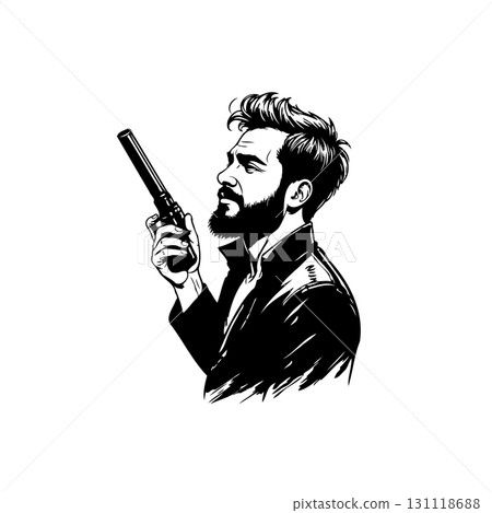 A Mysterious Bearded Man Holding a Gun in a Dramatic Black and White Illustration A Mysterious Bearded Man Holding a Gun in a Dramatic Black and White Illustration 131118688
