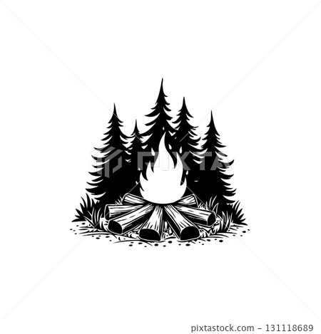Monochrome Camping Scene Illustration with Campfire and Pine Trees Artwork Monochrome Camping Scene Illustration with Campfire and Pine Trees Artwork 131118689
