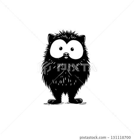 Whimsical creature: Charming black and white illustration of a fuzzy character Whimsical creature: Charming black and white illustration of a fuzzy character 131118700