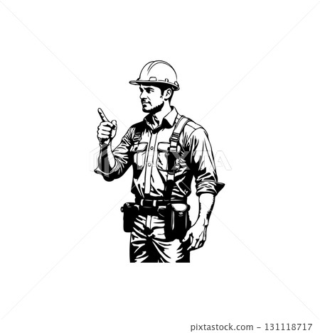Illustration of a Skilled Construction Worker Pointing Upward with Confidence and Expertise 131118717