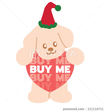 Festive Christmas sale icon of BUY ME with puppy for online shopping, marketing, winter promotion, sticker, banner, special price, discount, button, campaign badge, sticker, brochure, pet shop 131118731