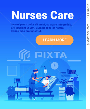Nurses care hospital patient healthcare support nurse attending bedside medical equipment plants modern clinic blue background website banner 131118734