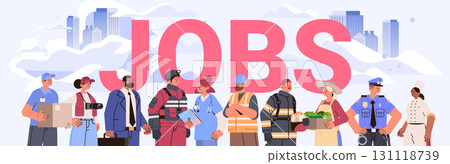 Jobs diverse professions teamwork urban background delivery photographer businessperson builder firefighter nurse farmer police chef flat design banner 131118739
