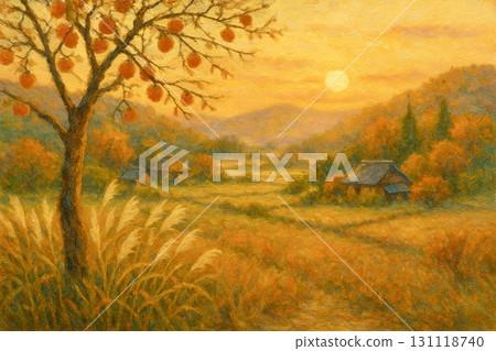 Autumn Satoyama Landscape Persimmon Tree Japanese Pampas Grass Oil Painting 131118740