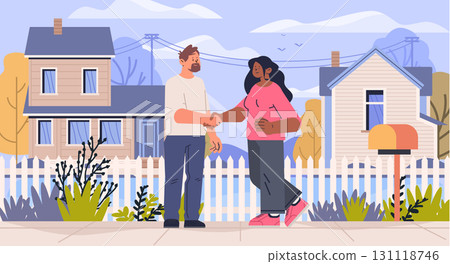 Neighbors greeting handshake friendly community two people meeting outside suburban houses picket fence plants autumn landscape residential neighborhood Neighbors greeting handshake friendly community two people meeting outside suburban houses picket fence plants autumn landscape residential neighborhood 131118746