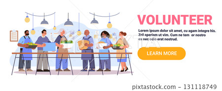 Volunteer teamwork food donation group people preparing meals kitchen charity diverse community service modern flat design web banner Volunteer teamwork food donation group people preparing meals kitchen charity diverse community service modern flat design web banner 131118749