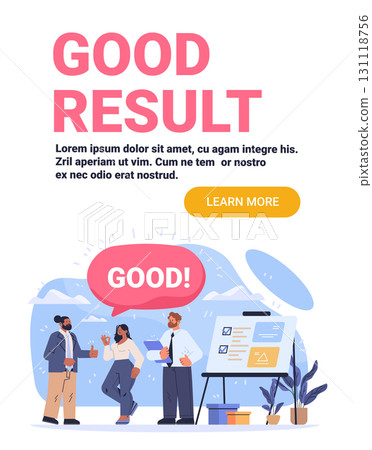 Good result business team achievement success office workers celebrating positive feedback chart plants modern website banner template 131118756