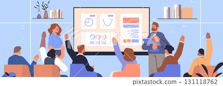 Business meeting presentation team discussion data charts office people raising hands modern workspace screen analytics shelves plants books 131118762